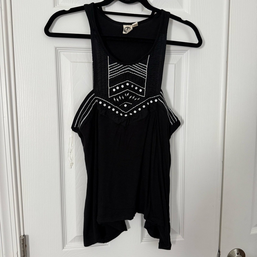 Lagaci Sleeveless Black Viscose Boho Top White Abstract Embroidery WMs Large EUC
